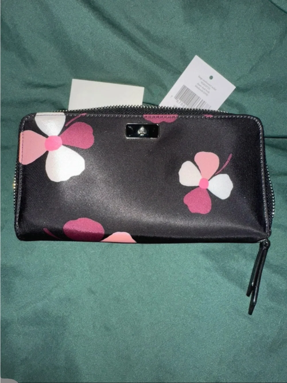 kate spade Black Floral Zip Wallet with Pink and Cream Blooms